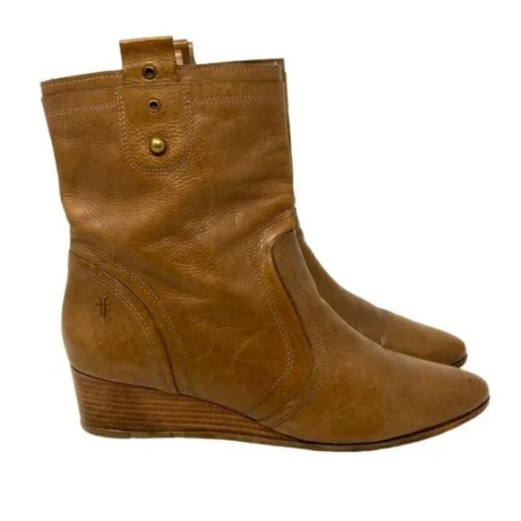 Frye Sunny Brown Leather Pull On Almond Toe Wedge Ankle Boots - Size 9 - Picture 3 of 8